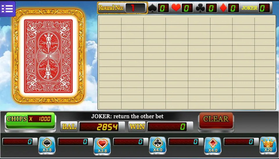 Single Pick on Mega888 with a red card back in a gold frame, an empty history grid and suit bet boxes for spade, heart, club, diamond and joker