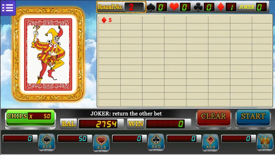 Round 2 of Single Pick with 50 on hearts, a diamond 5 in the history grid and the START button lit