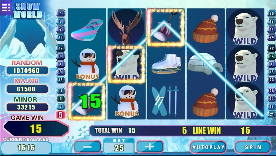 A line 5 win of 15 traced from a shovel on reel 1 through a WILD on reel 2 to a shovel on reel 3, GAME WIN 15