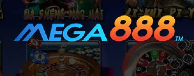 Mega888 logo in blue and orange lettering over a dimmed collage of game tiles including a roulette wheel