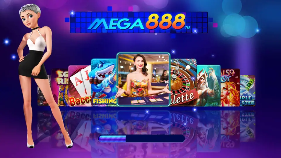 Mega888 loading screen with a cartoon hostess, a carousel of Baccarat, Fishing, live dealer and Roulette tiles, and a progress bar underneath