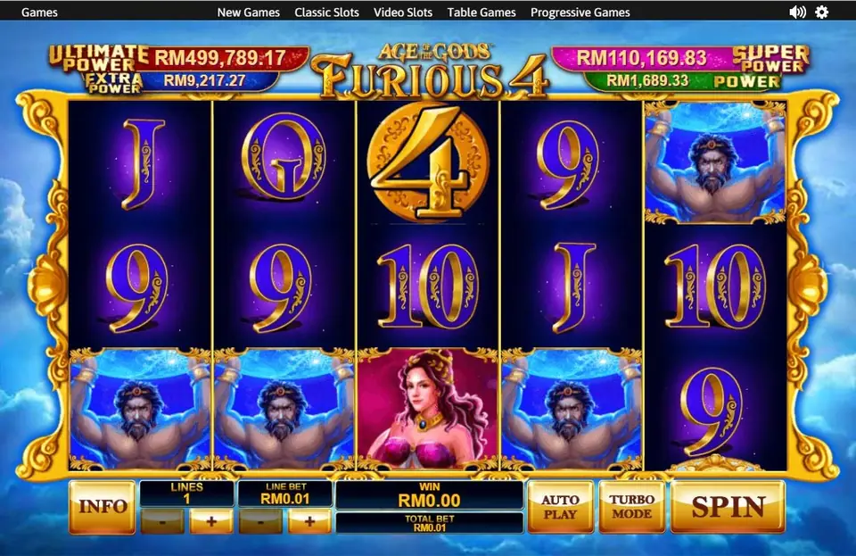Age of the Gods Furious 4 on NTC33 with three Atlas tiles on the bottom row, Pandora, a gold 4 coin and purple card letters under four jackpot boxes