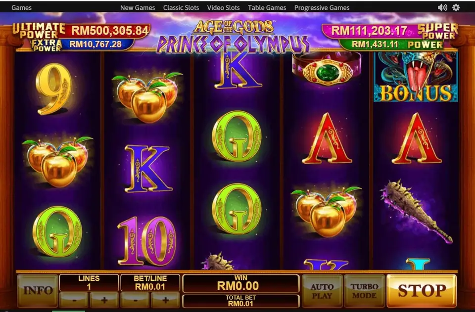 The Hydra BONUS tile at the top of reel 5 with golden apples and green Q letters on the other reels