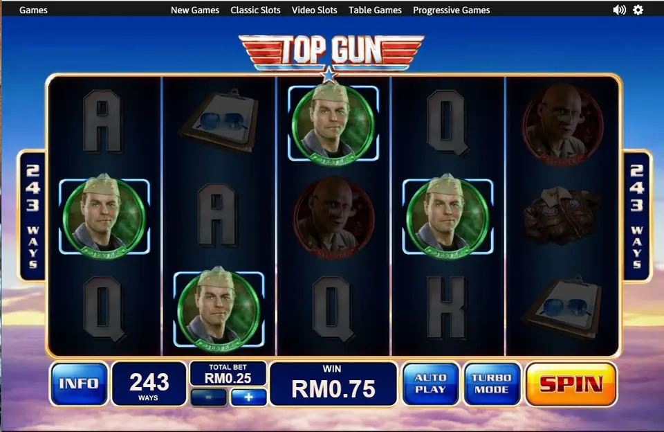 Four green-framed pilot symbols boxed across reels one to four for a RM0.75 win