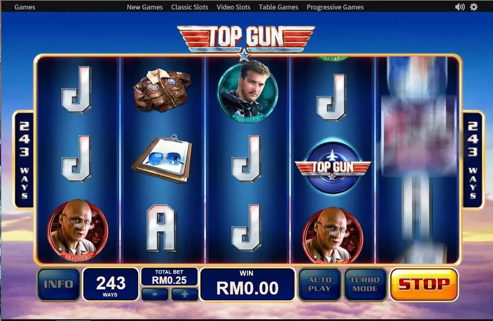 A Top Gun logo badge landing on reel four during a spin
