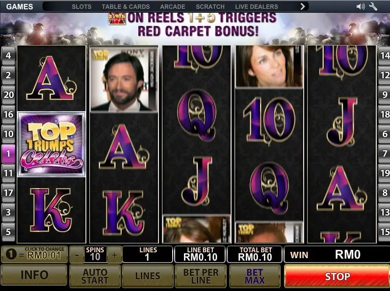 Top Trumps Celebs reels spinning with a banner reading BONUS on reels 1 and 5 triggers Red Carpet Bonus