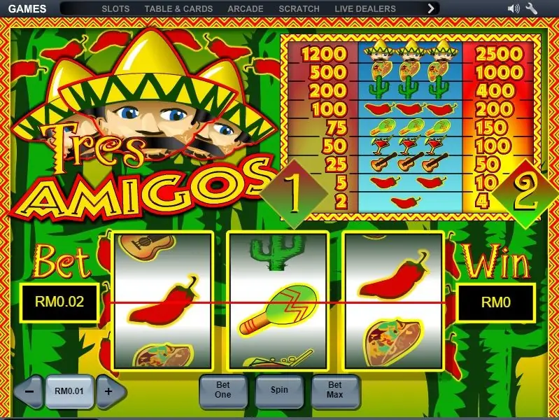 Tres Amigos reels showing a chilli, a maraca and a chilli on the red payline