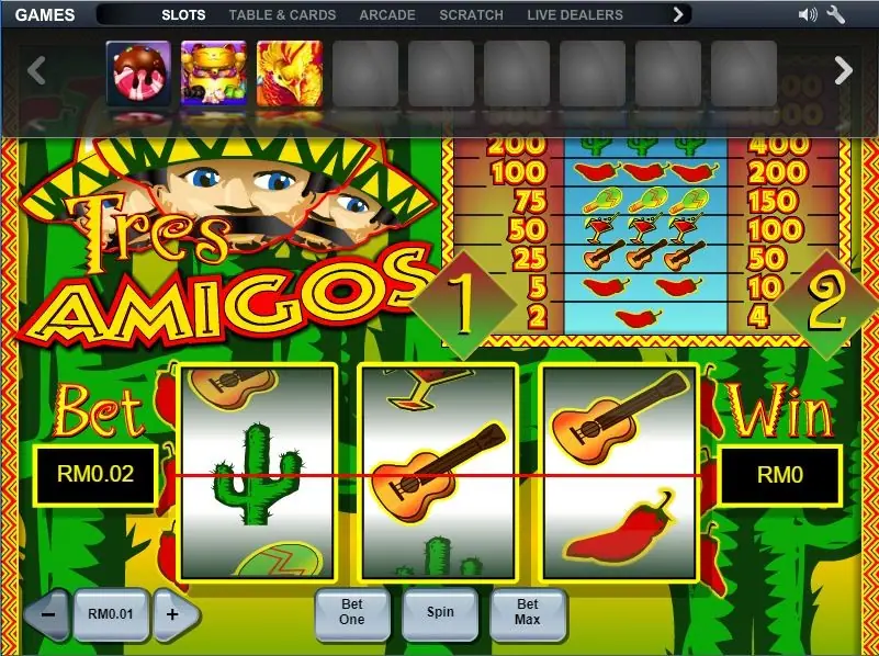 SLOTS menu open above Tres Amigos showing a row of other game icons