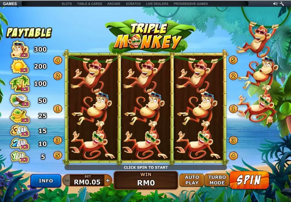 Triple Monkey slot on NTC33 with nine monkey symbols on three bamboo-framed reels and the paytable down the left side