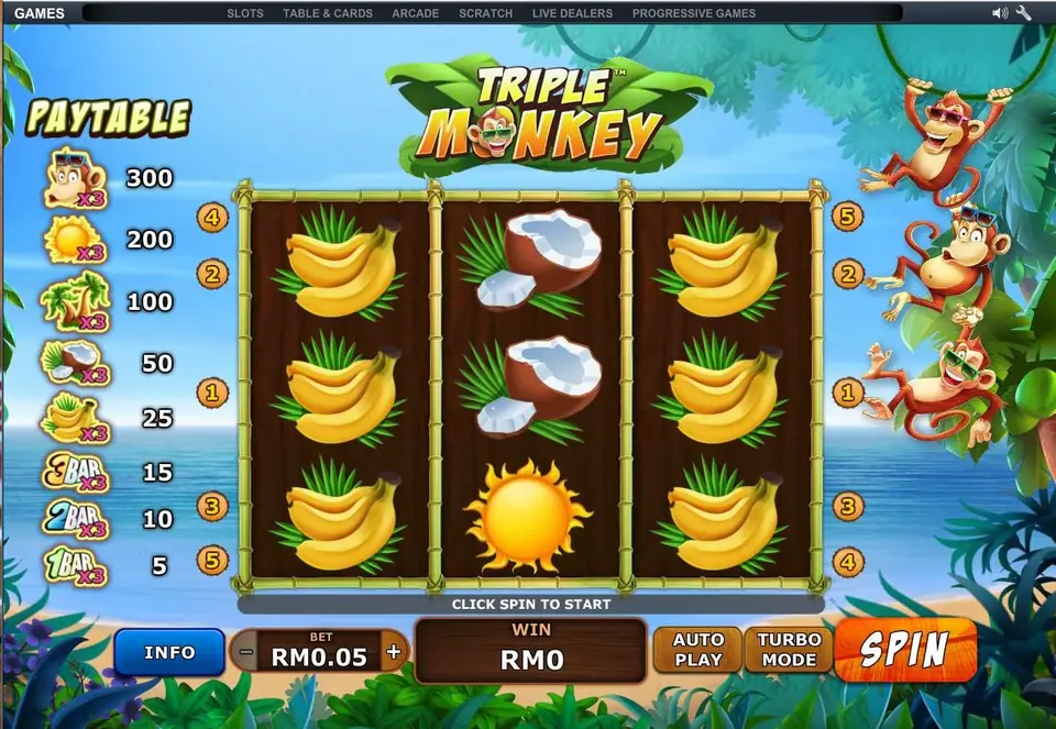 Triple Monkey with bananas on the outer reels and coconuts and a sun in the middle reel