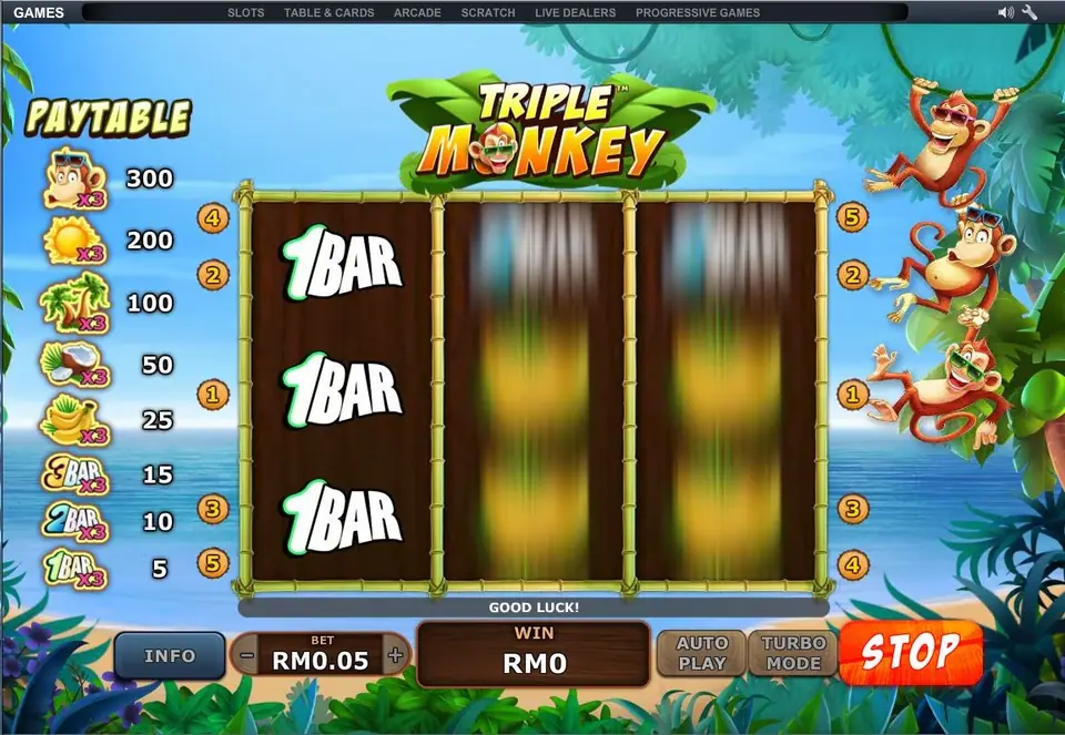 Triple Monkey reels spinning with 1BAR symbols on reel one and GOOD LUCK in the message strip