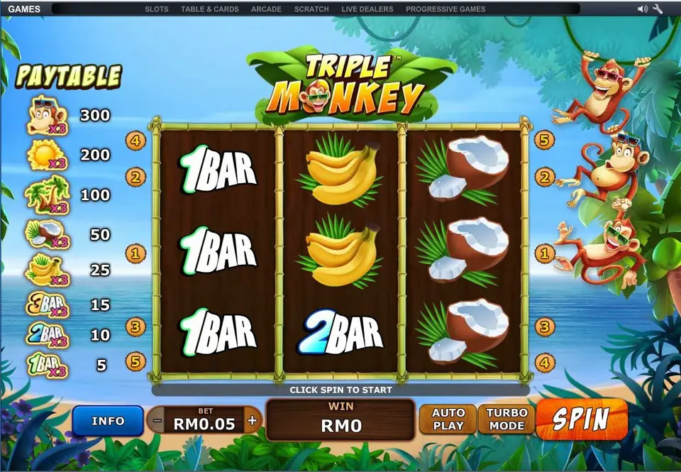 Triple Monkey showing 1BAR symbols, bananas, a 2BAR and coconuts