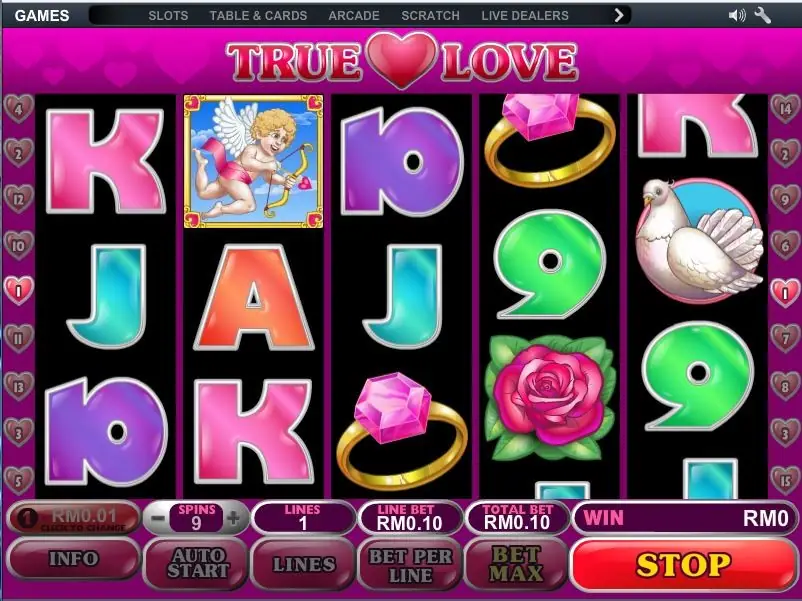 True Love on one line at RM0.10 with the SPINS counter at 9 during auto start
