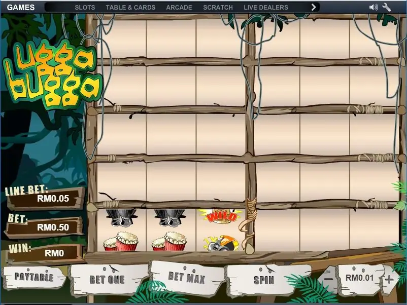 Ugga Bugga on NTC33 with an empty bamboo grid of ten panels and drums and a WILD symbol in the bottom-left panel