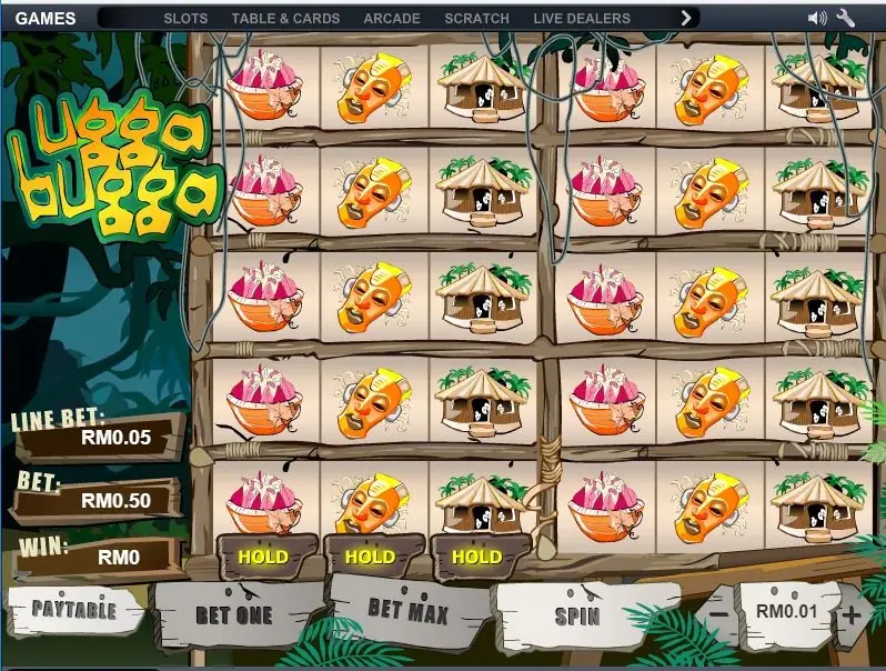 All ten Ugga Bugga panels showing the same basket, mask and hut after all three reels were held