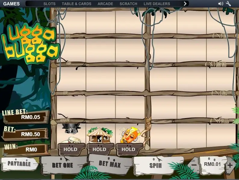 Ugga Bugga with HOLD buttons under the first panel showing a hut, a mask and a drum