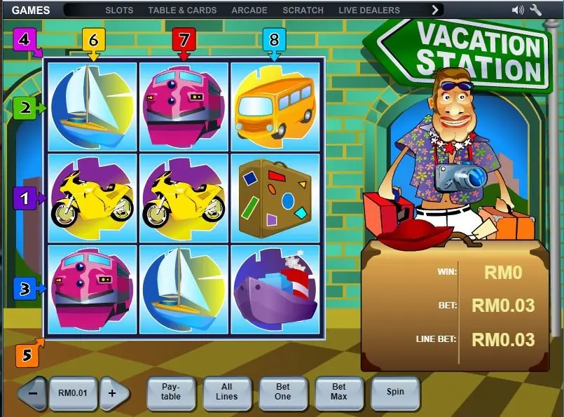 Vacation Station with sailboats, motorbikes and a patched suitcase on the grid