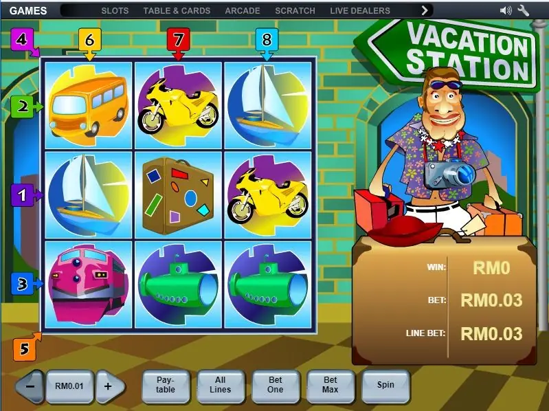 Vacation Station with a bus, motorbikes, a sailboat, a suitcase, a train and two submarines