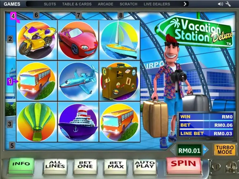 Vacation Station Deluxe on NTC33 with a 3D motorbike, sports car, jet and suitcase on a 3x3 grid in front of an airport terminal
