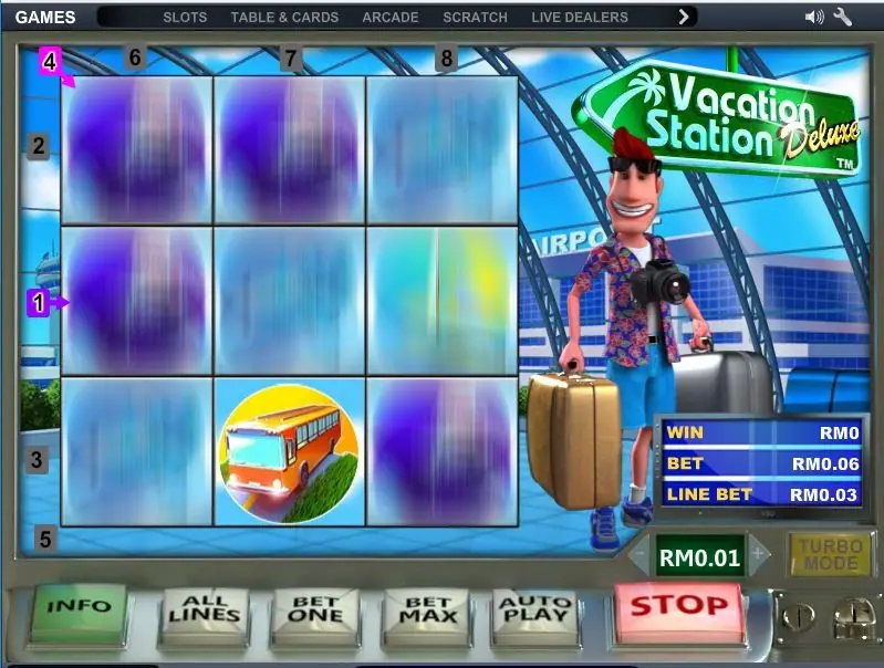 Vacation Station Deluxe reels blurring during a spin with a bus landing on the bottom row