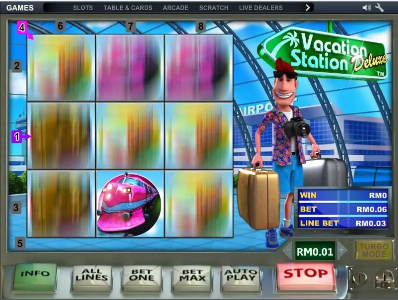 Vacation Station Deluxe mid-spin with a pink train on the bottom row and the STOP button lit