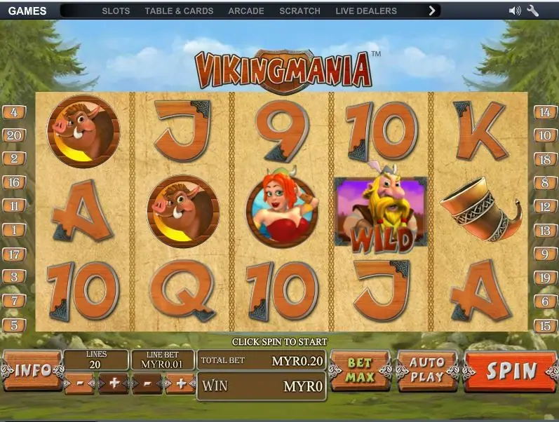 Viking Mania slot on NTC33 with a boar shield, a red-haired Viking woman, a drinking horn and a WILD Viking on wooden reels