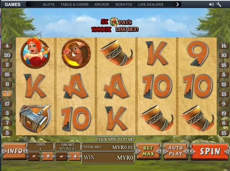 Banner reading 5X pays 10000X line bet above the Viking Mania reels