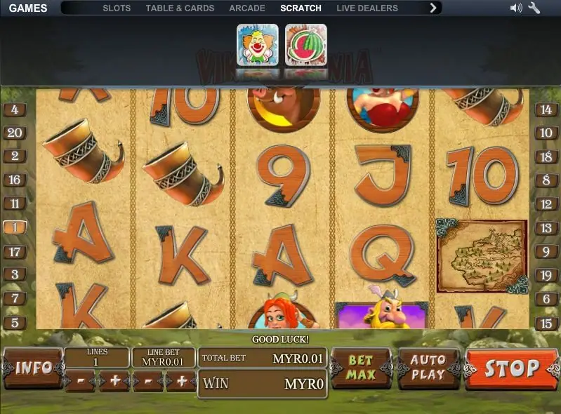Viking Mania mid-spin with a treasure map on reel five and the SCRATCH menu open at the top