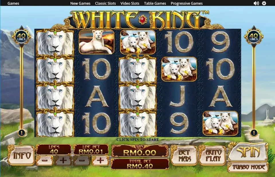 White King slot on NTC33 with stacked white lion symbols filling reels one and three on a 5x4 grid, with 40-line markers on both sides