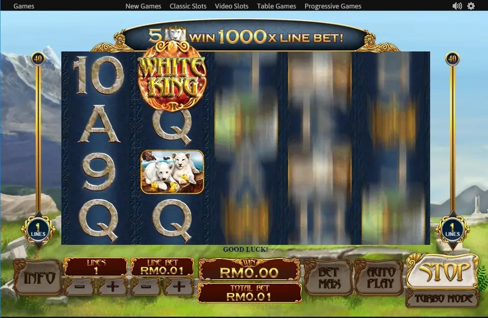 White King reels mid-spin with the White King logo on reel two and a banner reading 5 lions win 1000x line bet