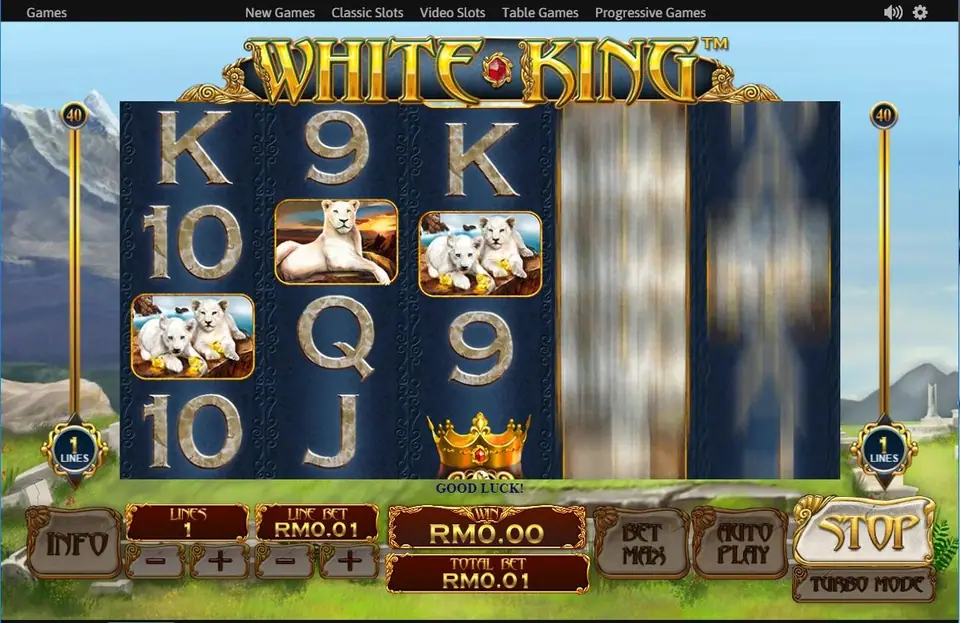 White King with a lioness, cubs and a crown on the reels while reels four and five spin