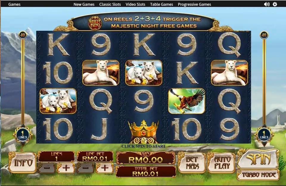 Banner reading White King logo on reels 2, 3 and 4 trigger the Majestic Night free games