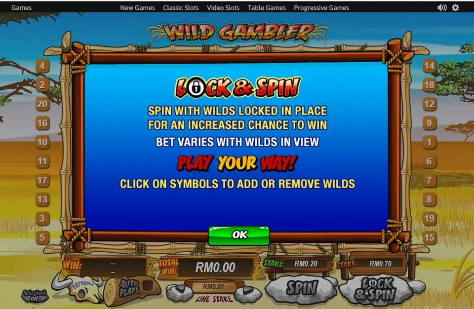 Wild Gambler on NTC33 showing the Lock and Spin intro panel on a bamboo frame over a savanna background