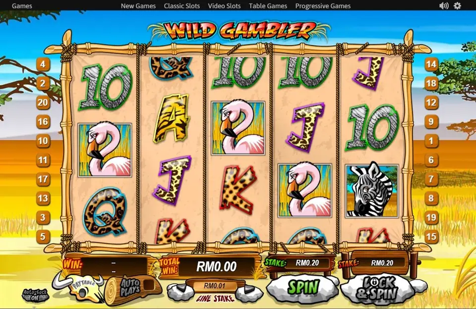 Wild Gambler reels with a flamingo, a zebra and animal-print letter symbols