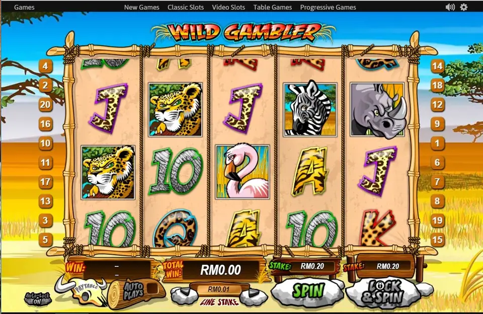 Wild Gambler with two leopards, a zebra, a rhino and a flamingo in view