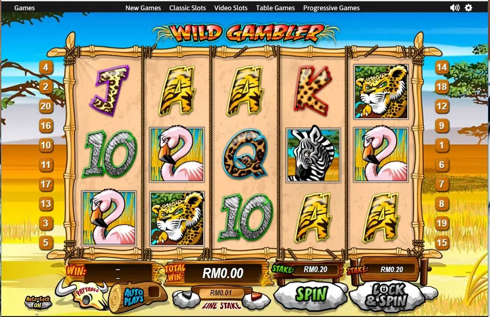 Wild Gambler base game with both STAKE boxes at RM0.20