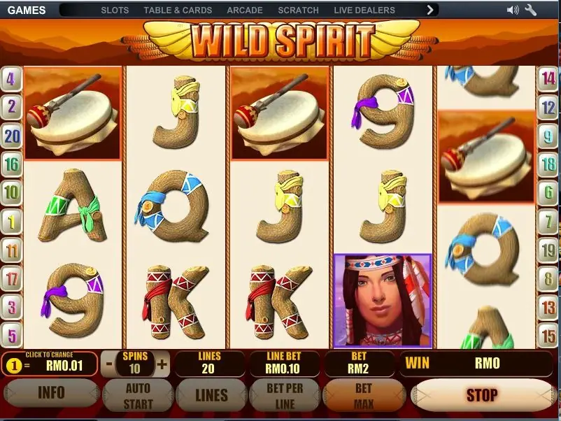 Wild Spirit mid-spin with drums, the woman on reel 4 and rope-letter 9, J, Q and A symbols