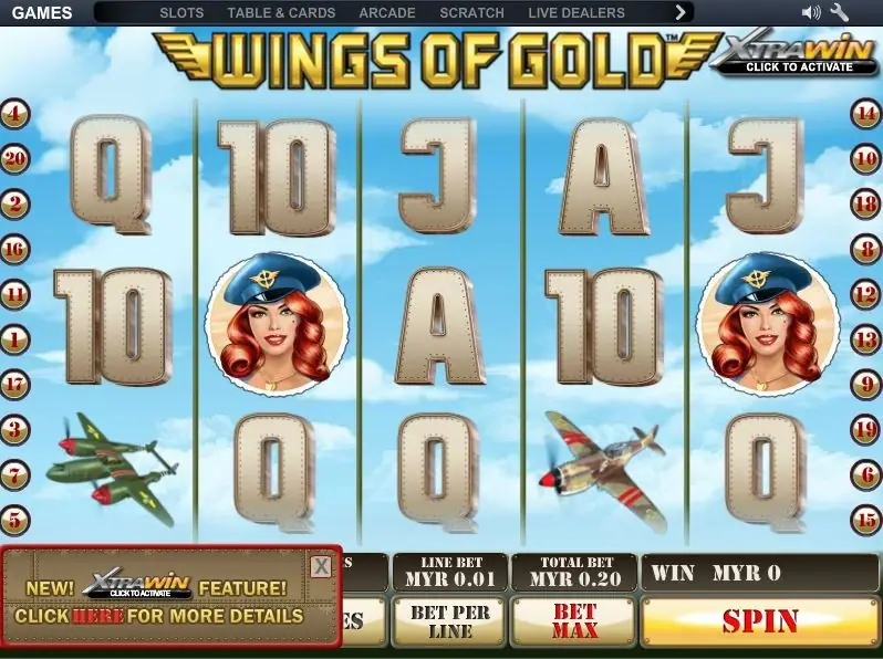 Wings of Gold on NTC33 with two pin-up pilot portraits in blue caps, a twin-boom fighter and a propeller plane among stitched card letters, XtraWin badge top right