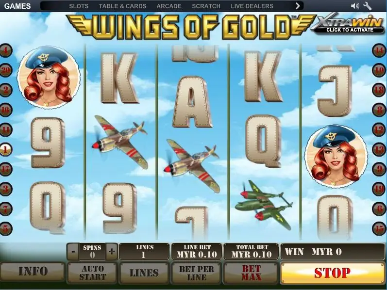 Wings of Gold mid-spin at 1 line and MYR0.10, the pin-up pilot on reels 1 and 5 and propeller planes on reels 2 and 3
