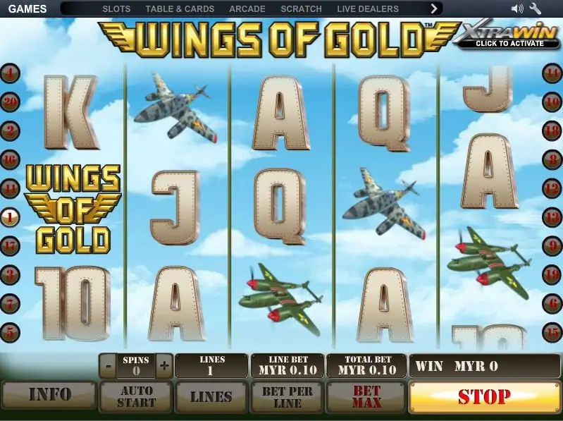 The WINGS OF GOLD logo symbol on reel 1 and grey and green fighters scattered on the reels