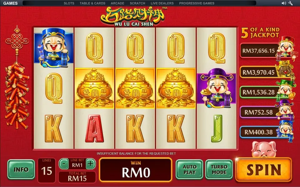 Wu Lu Cai Shen on NTC33 with three gold ingot pots across the middle row, blue and purple Cai Shen symbols and a ladder of five jackpots on the right