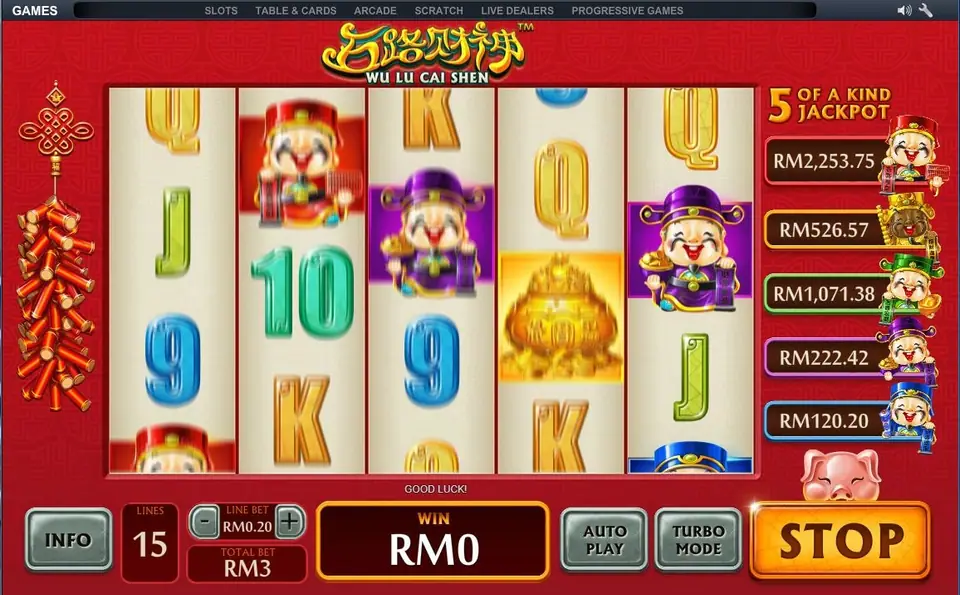Wu Lu Cai Shen mid-spin at RM0.20 a line with a lower jackpot ladder on the right and GOOD LUCK under the reels