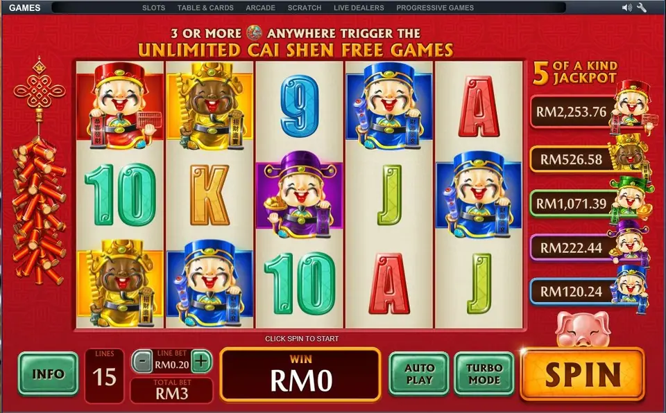 The free games banner reading 3 or more ingots anywhere trigger the Unlimited Cai Shen Free Games, with Cai Shen figures spread across the reels
