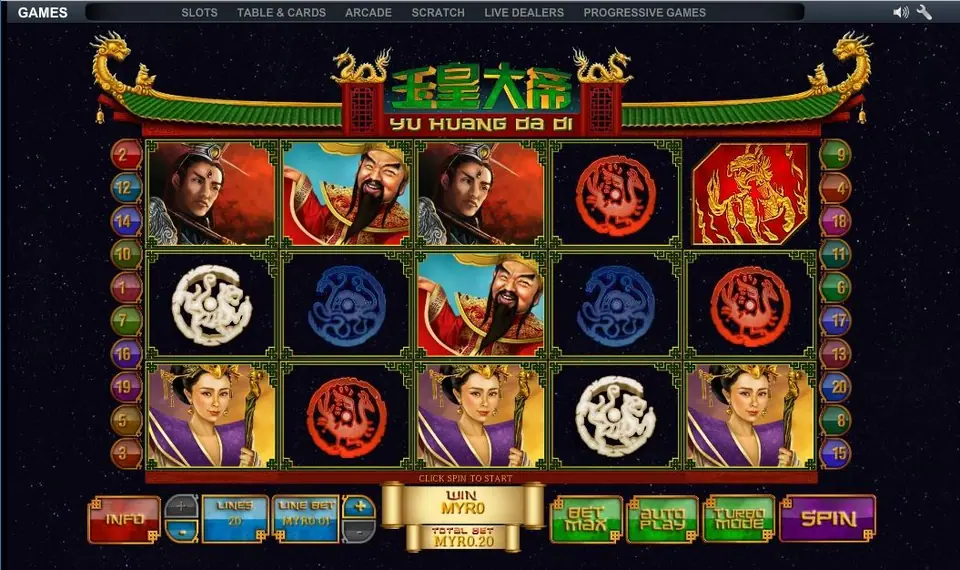 Yu Huang Da Di on NTC33 with the Jade Emperor, a red-robed general, a young warrior, a court lady, jade discs and a fire dragon tile under a green pagoda roof