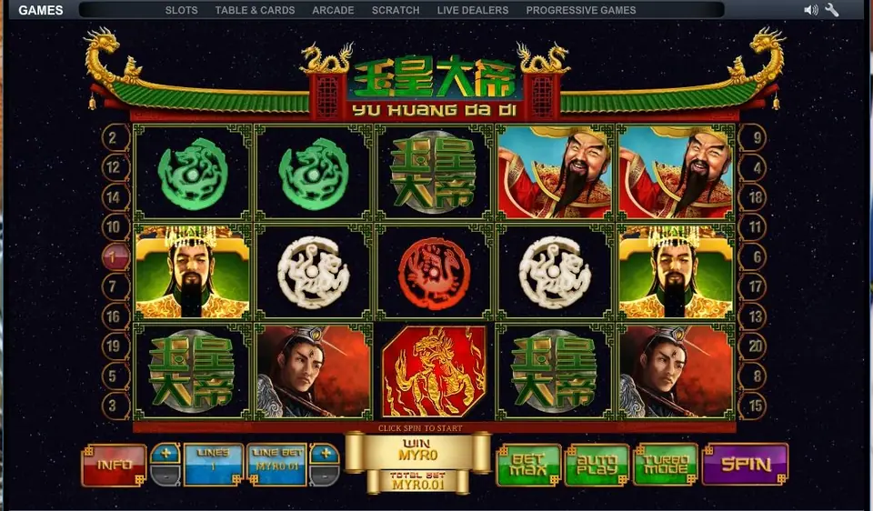 Yu Huang Da Di at 1 line and MYR0.01 with logo tiles on reels 1, 3 and 4 and the Jade Emperor on reels 1 and 5