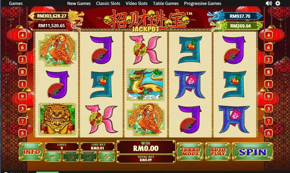 Zhao Cai Jin Bao Jackpot on NTC33 with a phoenix, a dragon, a gold lion and calligraphy card letters under the 招财进宝 logo and four jackpot bars
