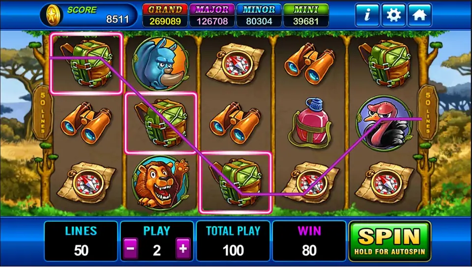 African Wildlife on Play8oy with three green backpacks joined by a purple payline for a win of 80