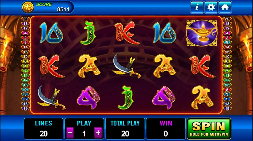 Aladdin base game with a lamp on reel 5 and scimitars on reels 1 and 3