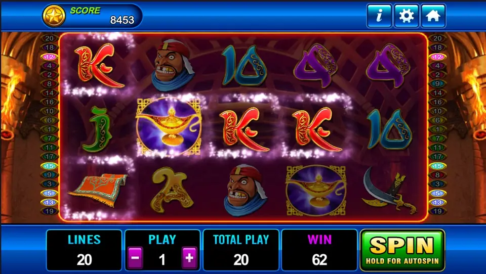 Aladdin slot on Play8oy with sparkling winning lines across K symbols and a magic lamp on reel 2