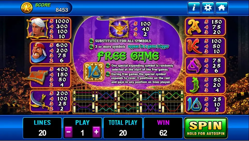 Aladdin paytable with the lamp symbol, free game rules and the 20-line map